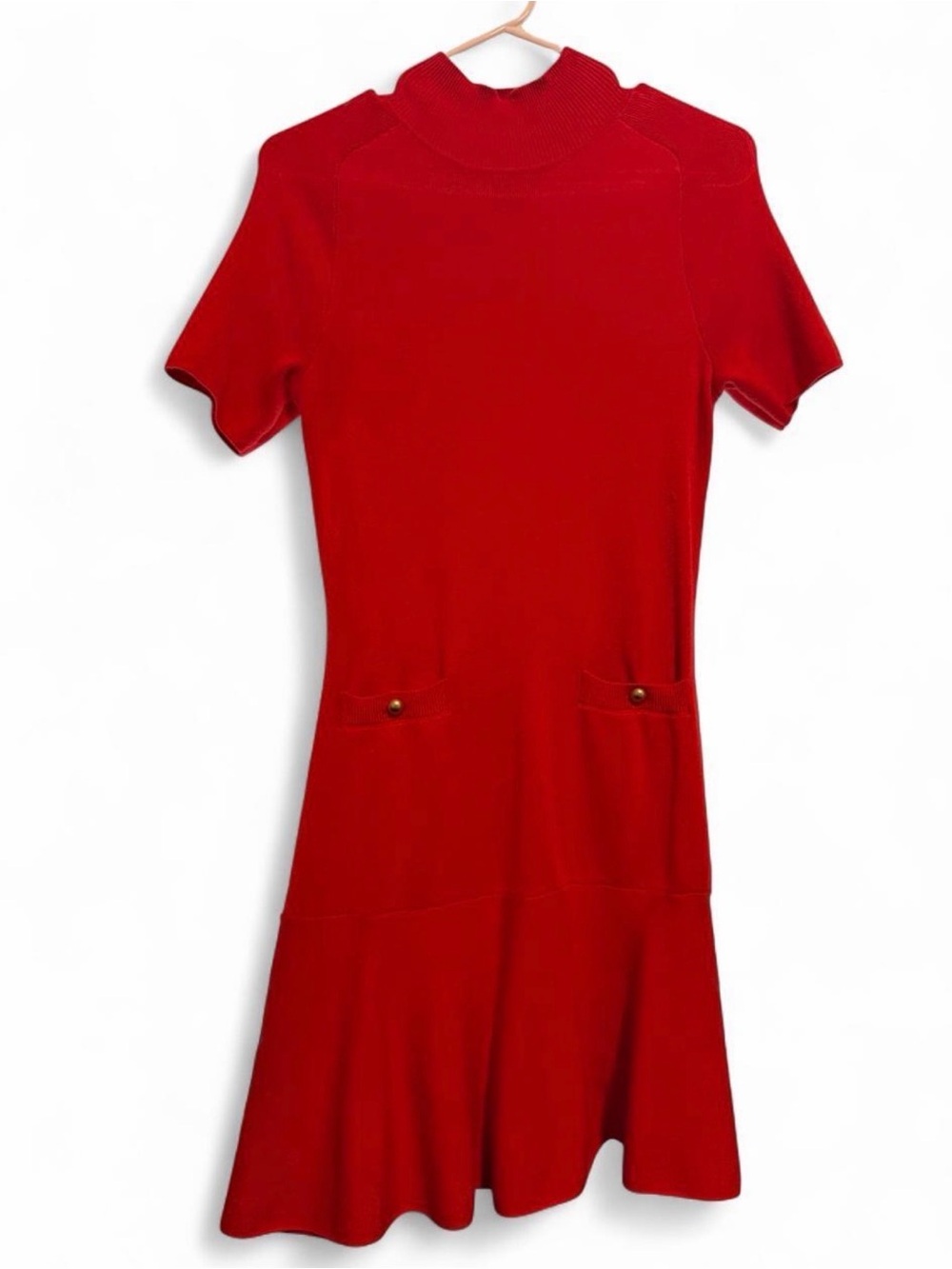 Red Short-Sleeve Knit Dress with Pocket Detail